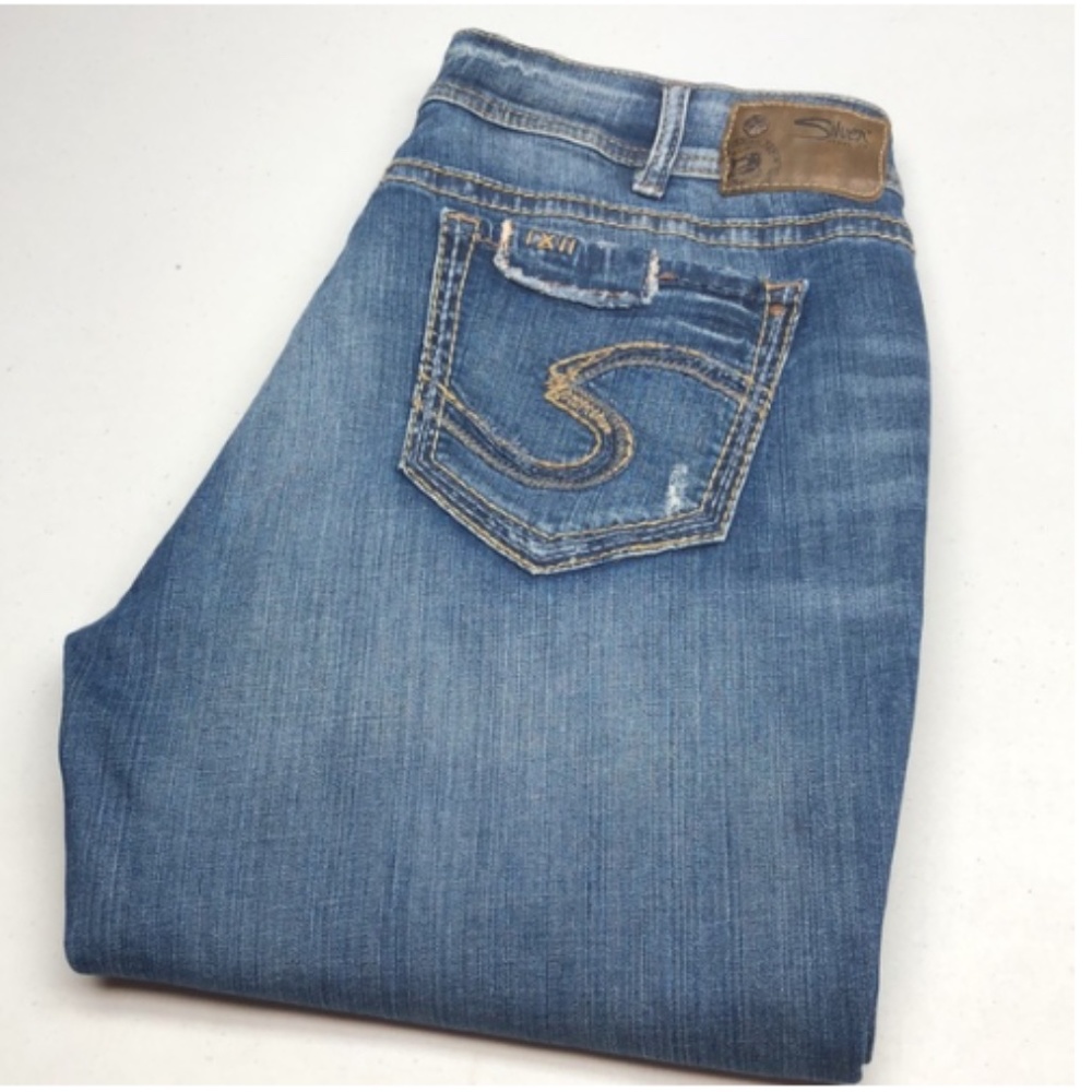 DISTRESS SILVER SUKI MID SLIM BOOT JEANS 36x31 😎
